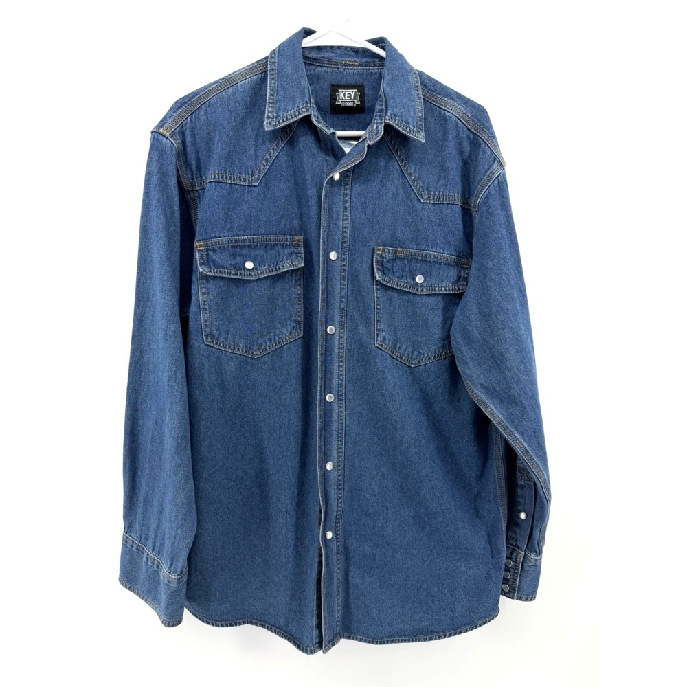 Key Denim Shirt Blue Jean Western Pearl Snap Chore Cowboy Ranch Country Men M